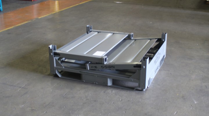 Gray folding collapsible steel bin on the shop floor