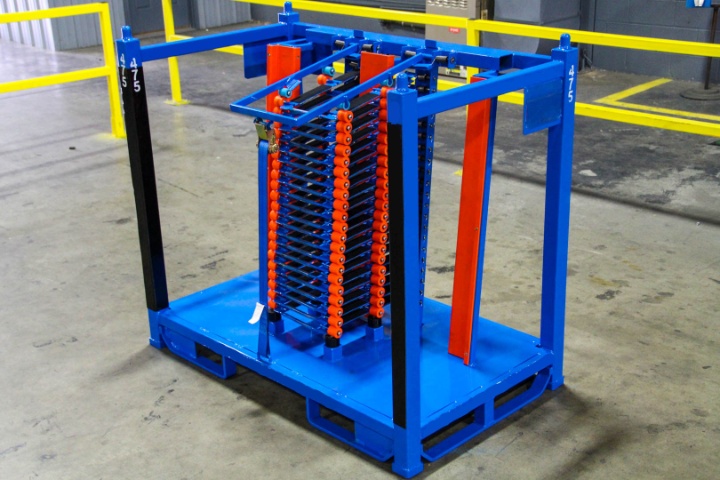 Blue steel rack with orange dividers for holding parts