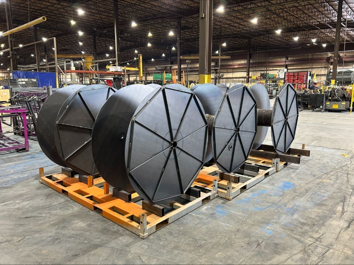 Fabricated cable reels staged in the production facility