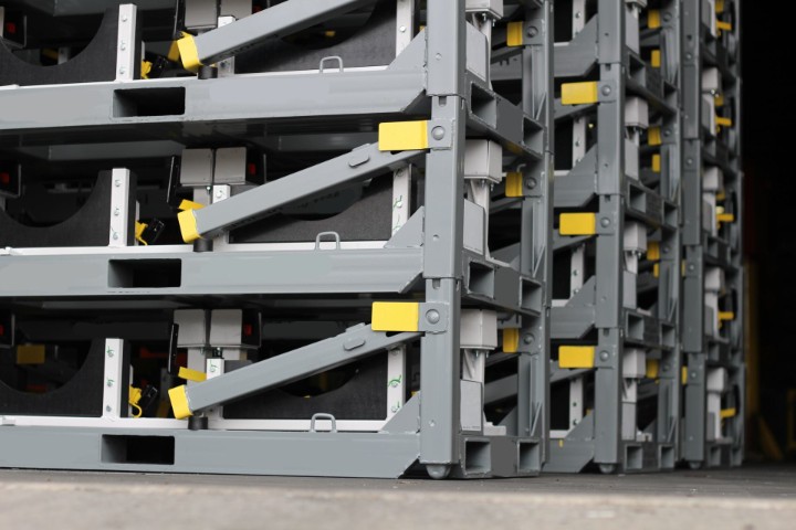 Collapsible engine racks stacked for shipment