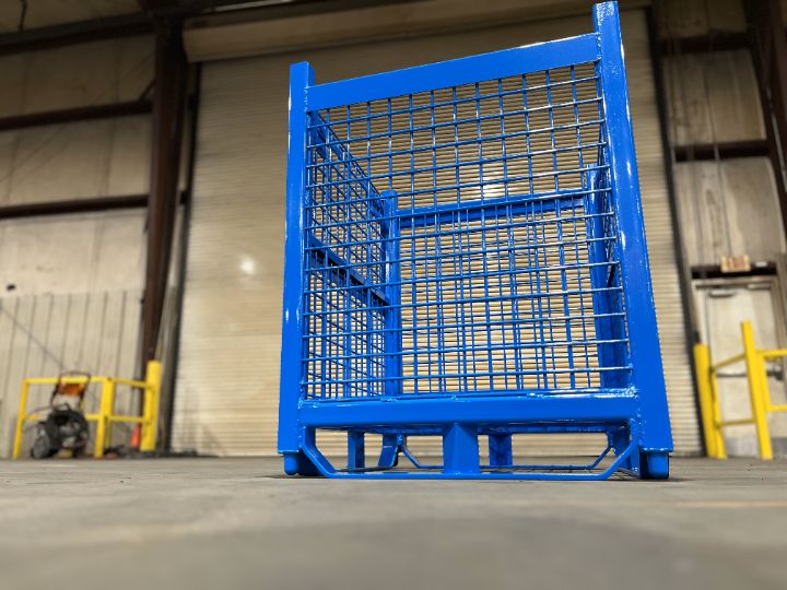 Blue mesh steel container on the shop floor