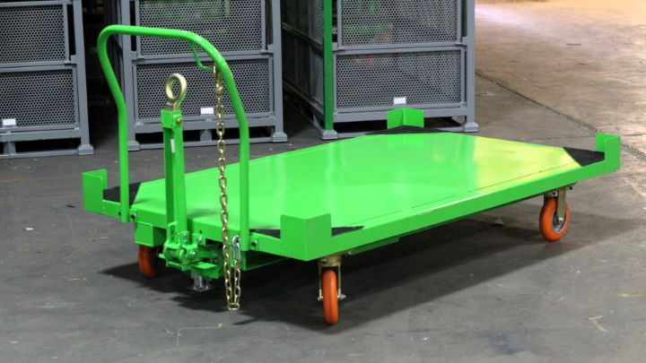 Custom green material handling platform cart fabricated for industrial shop floor and production duty.