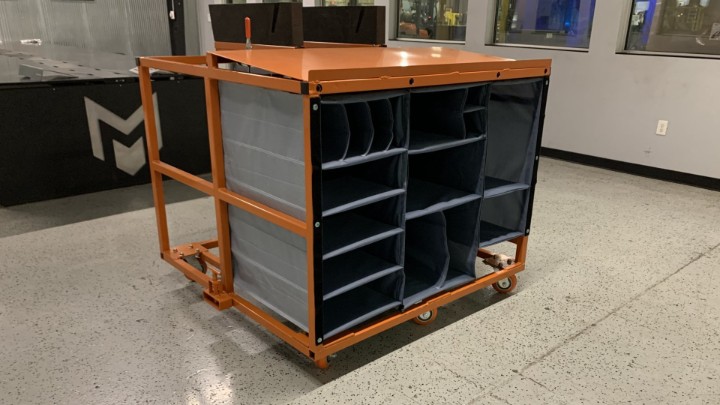 orange rolling carts with shelves