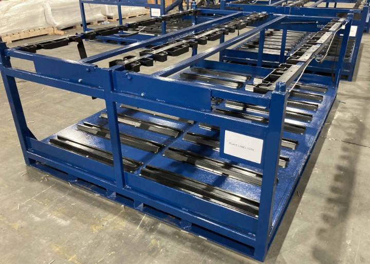 Finished custom metal products staged on a flatbed for outbound shipping and on-time delivery.