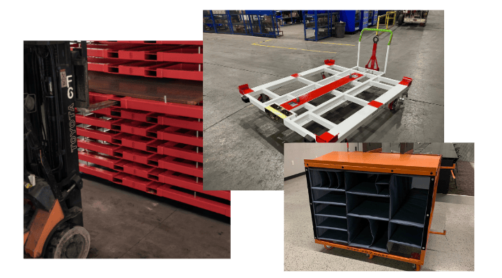 Collage of custom sheet metal storage racks and industrial carts.