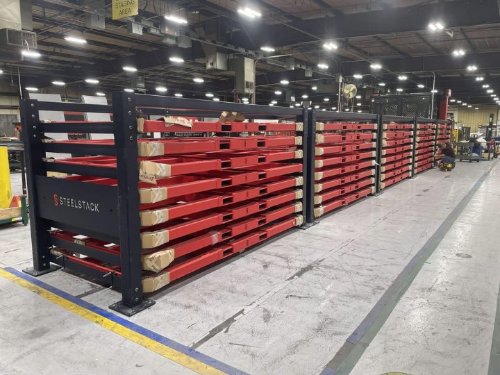 a row of sheet metal storage racks